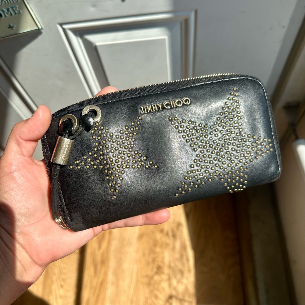 Jimmy Choo Black Leather Wallet with Gold Zipper
